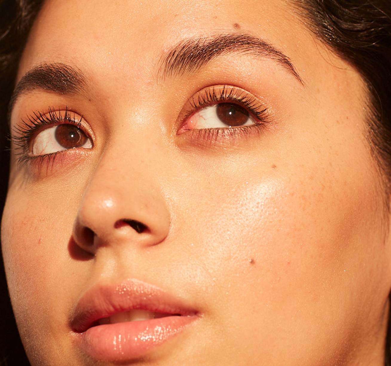 Close up image of glowy skin and cheeks on latina woman