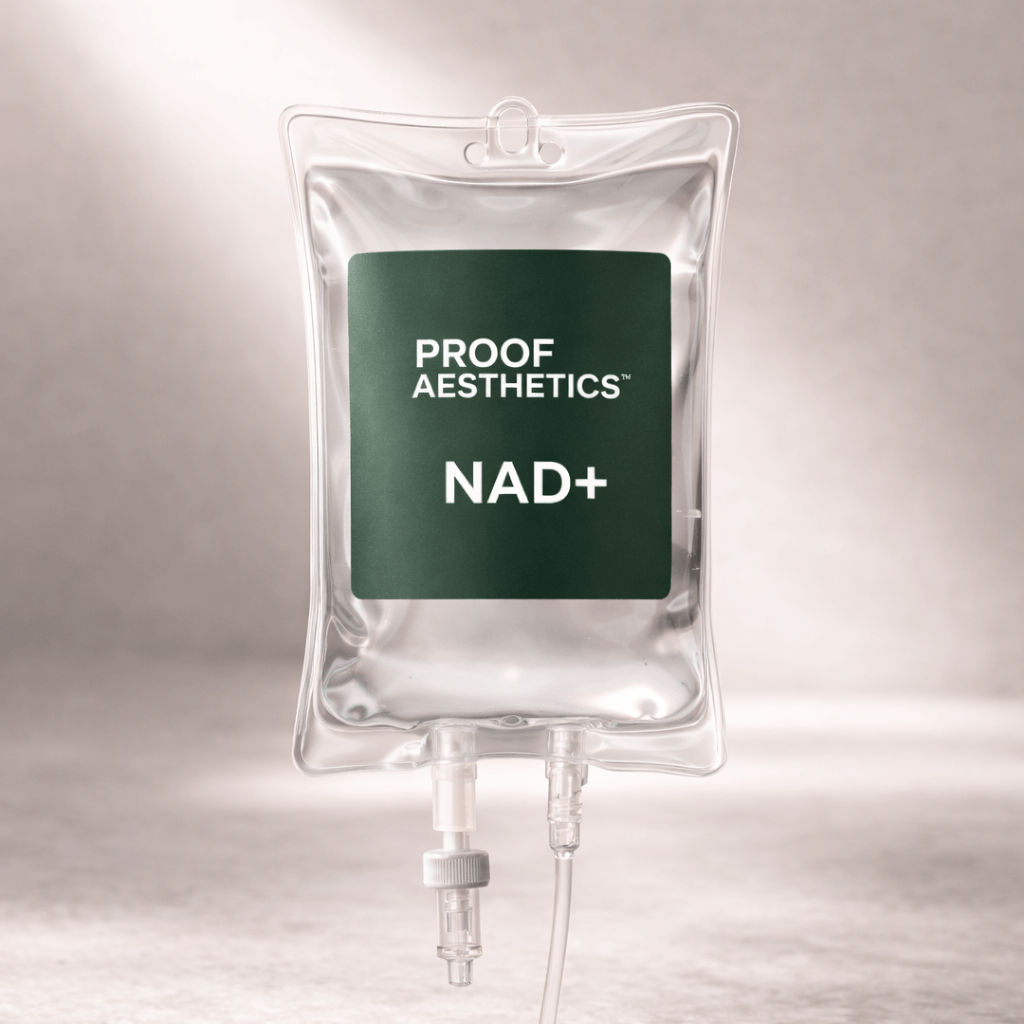 NAD+ IV therapy benefits are highlighted in this intravenous bag from Proof Aesthetics.