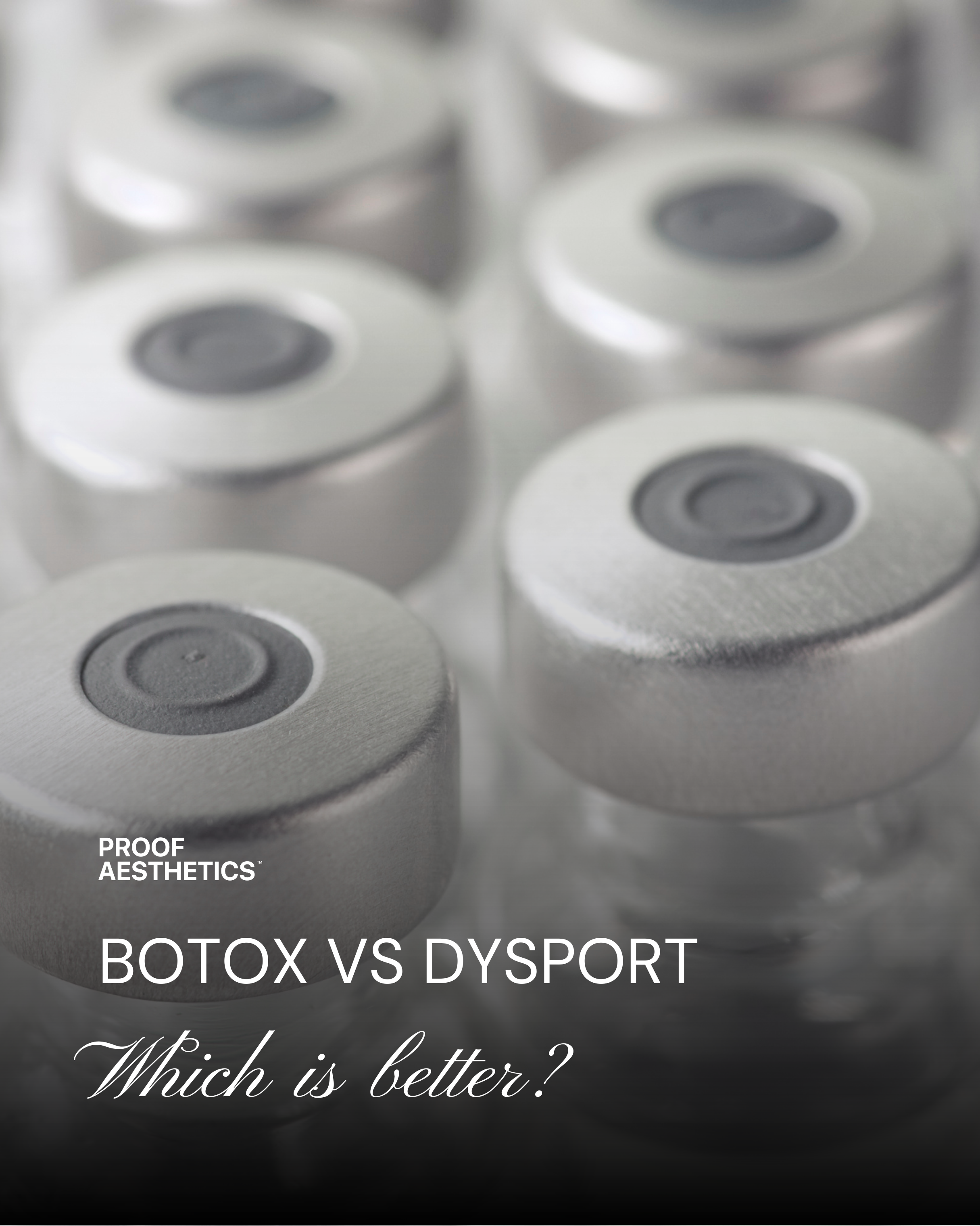Bottles of Botox and Dysport with the question 'Which Is Better Botox or Dysport?' for patients in Carlsbad.